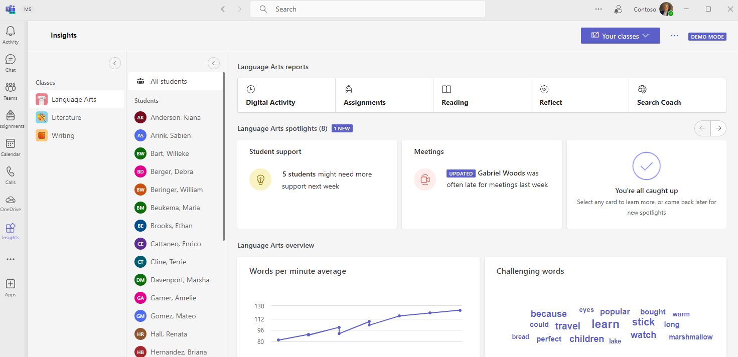 Your classes dashboard in the Insights app