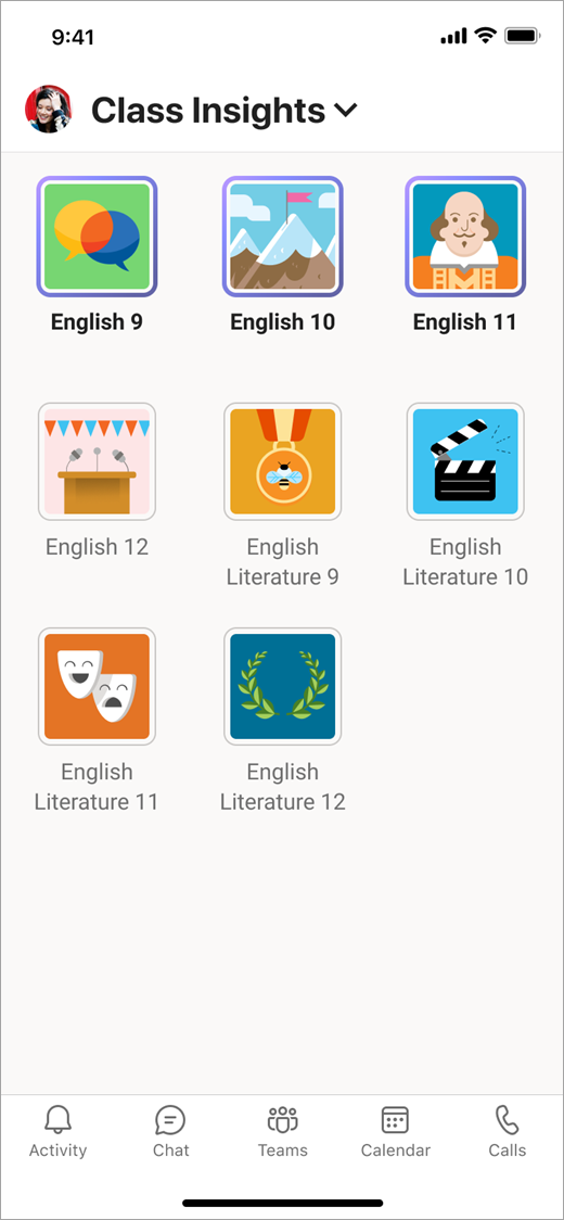 Teams on a mobile device in Class Insights, viewing tiles for eight class teams.