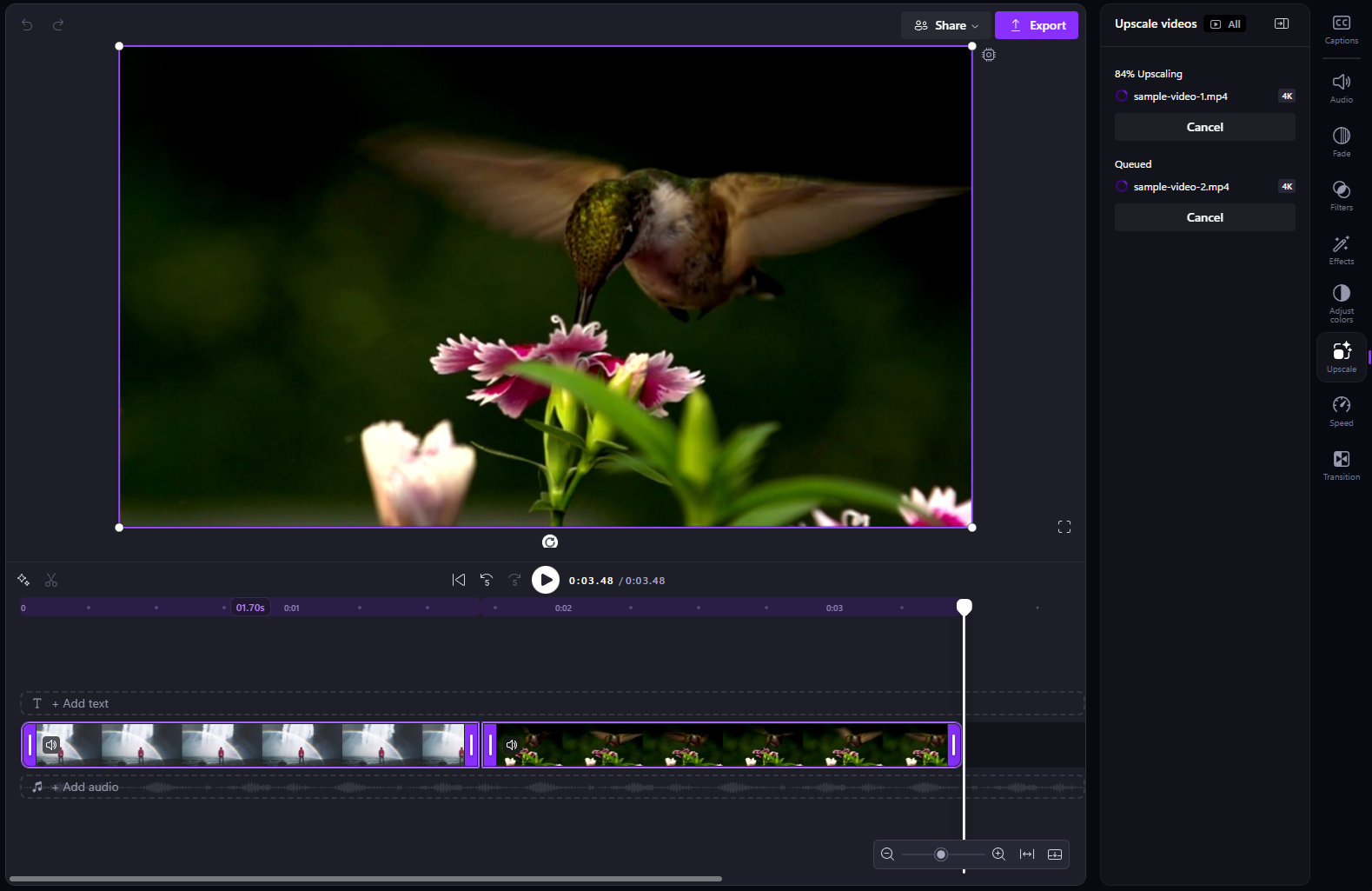 A screenshot of the Upscale panel showing one video clip being upscaled and a second clip waiting in the queue, with a Cancel button available.