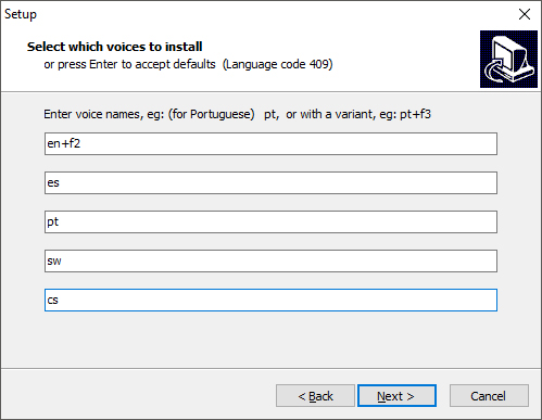 eSpeak installation dialog box