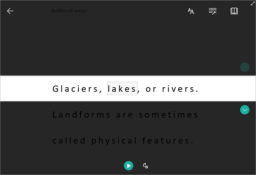 Immersive Reader displaying spaced text with playback controls