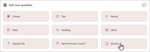 Screenshot showing how you can add a new section to your form or quiz.