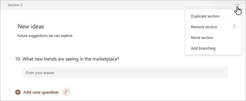 Screenshot showing how you can organize sections in a form or quiz in Microsoft Forms.