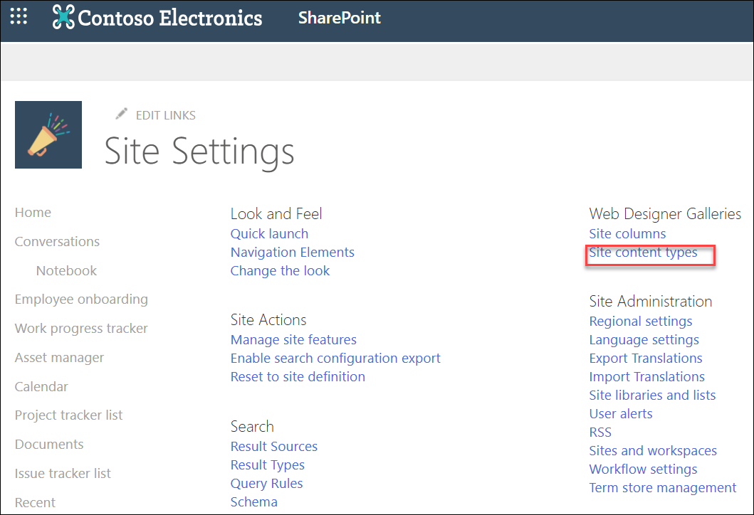 The Site Content Types option in the Site Settings dialog box.