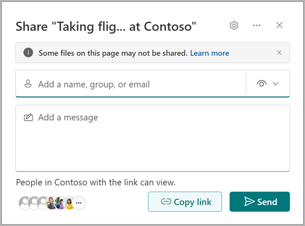 Send link dialog with a recipient field, permission settings, message field, and Send button.