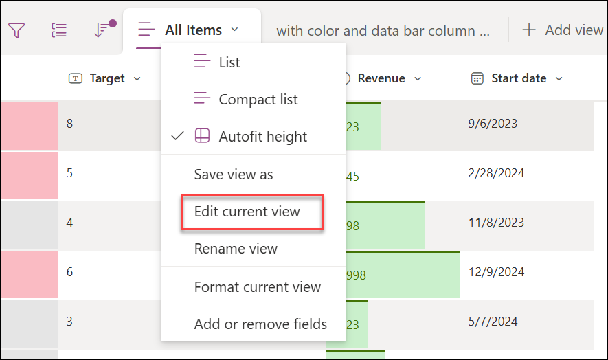 Screetshot of selecting edit current view