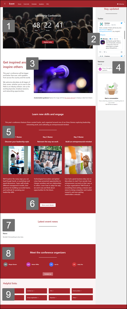 Preview of the Event site template highlighting available web parts.