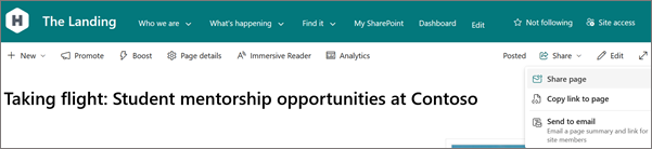 Share button in the upper-right corner of a SharePoint page.
