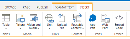 Screen shot of the Insert tab, which contains buttons for inserting tables, videos, graphics, and links into your site pages