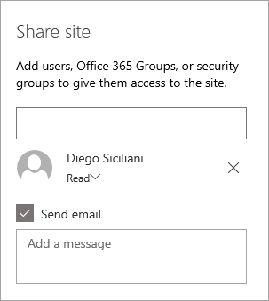Adding a person in the Share site pane
