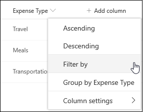 SharePoint Column Heading Filter By Menu Option