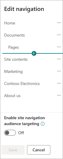 SharePoint navigation dialog box for hub sites.
