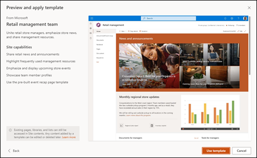 Preview window of a selected Microsoft site template.