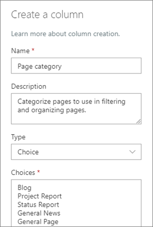 Example of setting up a category choice column for blogs
