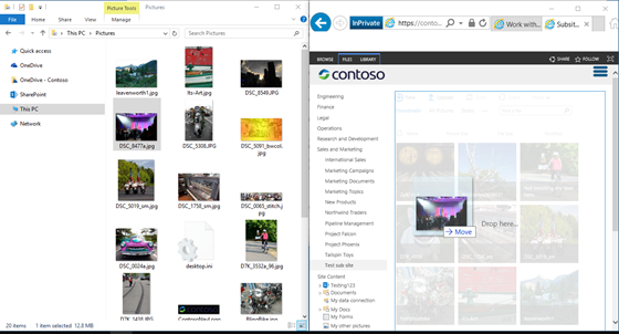 Screen shot of SharePoint and Windows Explorer side by side using the Windows key and the arrow keys.