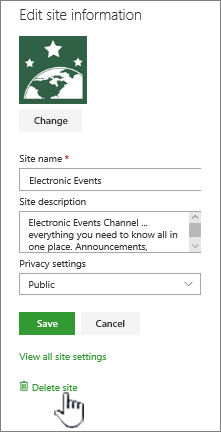 SharePoint team site delete site location