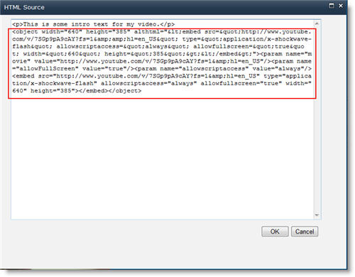 HTML Source editor for Content Editor Web Part with embed code for a video