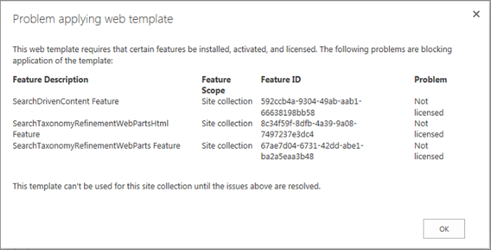Screen shot of an error message showing an error you might get if unavailable features prevent site creation in SharePoint Online.