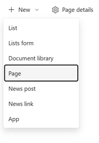 Screenshot of the New menu on a SharePoint site with Page selected.