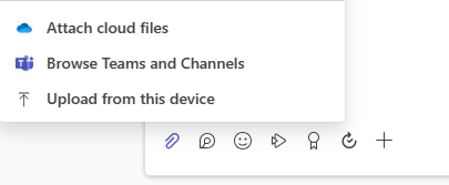 Attach menu with cloud files, Teams and channels, and upload options
