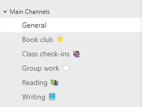 Class team channel list with General and topic channels