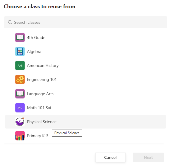 Choose a class to reuse an assignment from