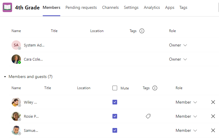 Class team members list with X buttons for removing students