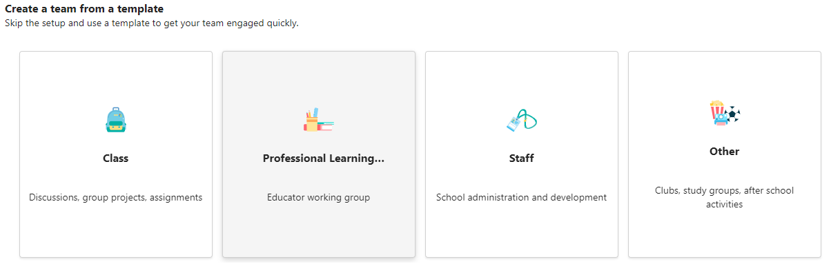 Professional Learning Community template on the Create a team page