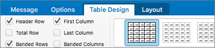 The Header Row check box in Outlook for Mac.