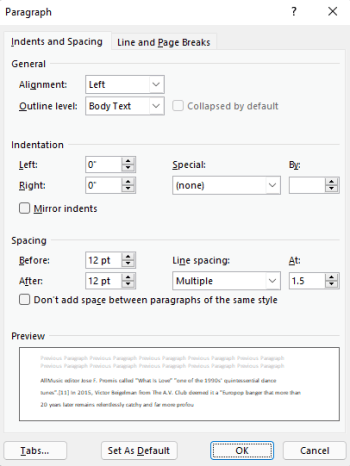 Paragraph dialog box in Outlook.