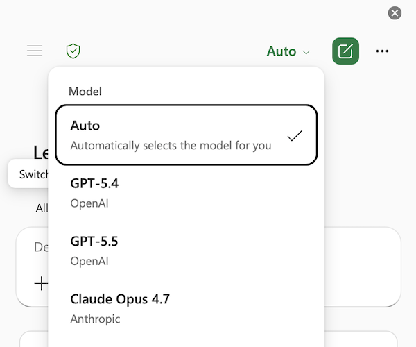 Screenshot of the Copilot in Excel model picker menu, with Auto selected.