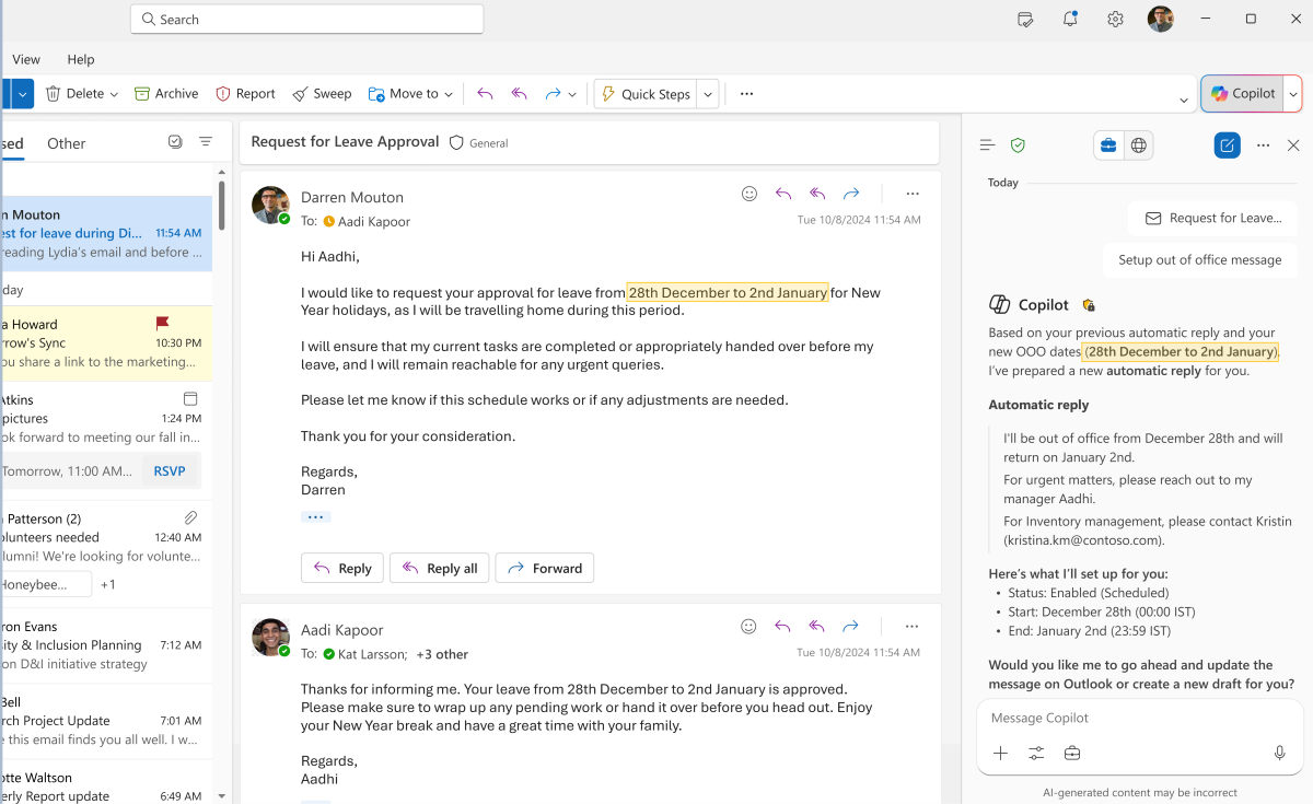Screenshot of Copilots response to create an automatic reply in Copilot in Outlook