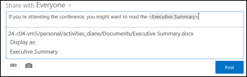 A document URL in a newsfeed post formatted with display text