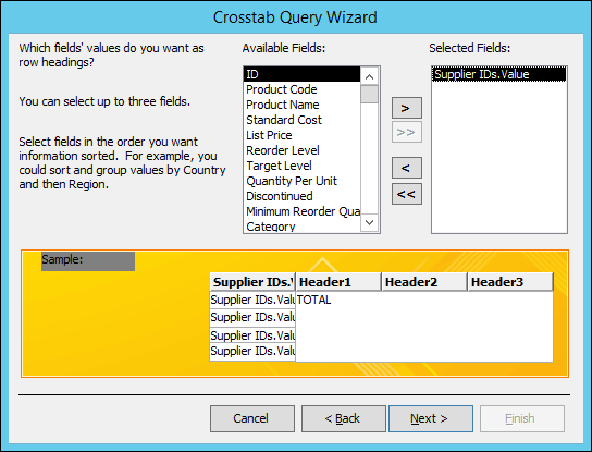 Crosstab Query Wizard with Supplier IDs.Value selected for row headings