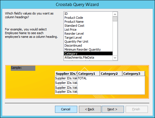 Crosstab Query Wizard with Category selected for column headings