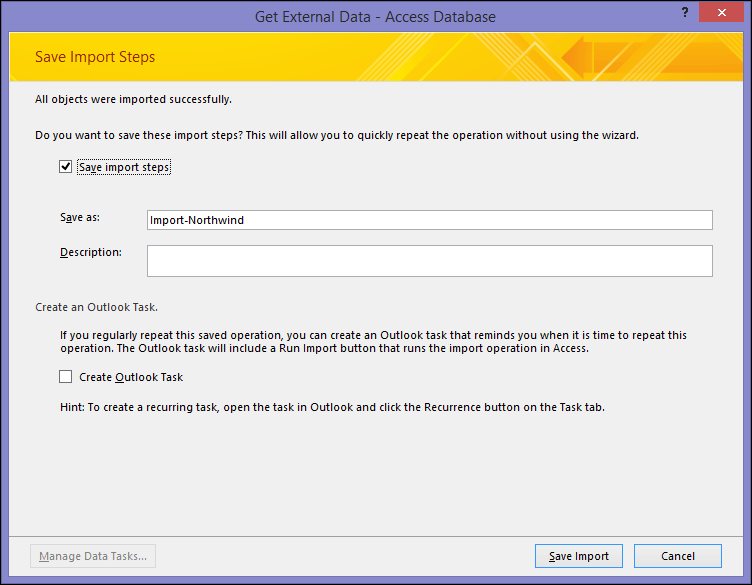 The Save Import Steps dialog box