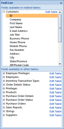 Field List pane