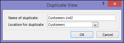 Duplicate view dialog showing name of duplicate box and location for duplicate box.