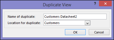 Duplicate view dialog showing name of duplicate box and location for duplicate box.