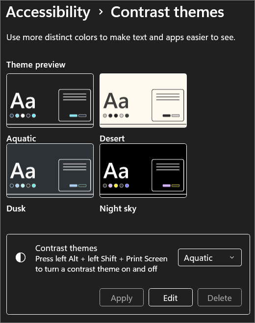 Accessibility contrast themes screenshot.