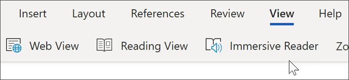 Screenshot of the top navigation of word online, view has been selected and the cursor hovers over immersive reader