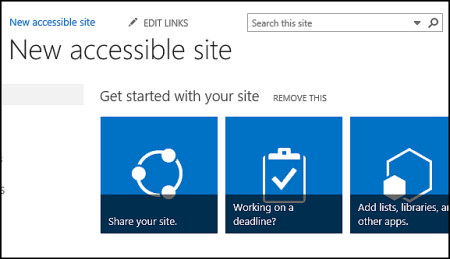 Screenshot of new SharePoint site showing tiles used for customizing site