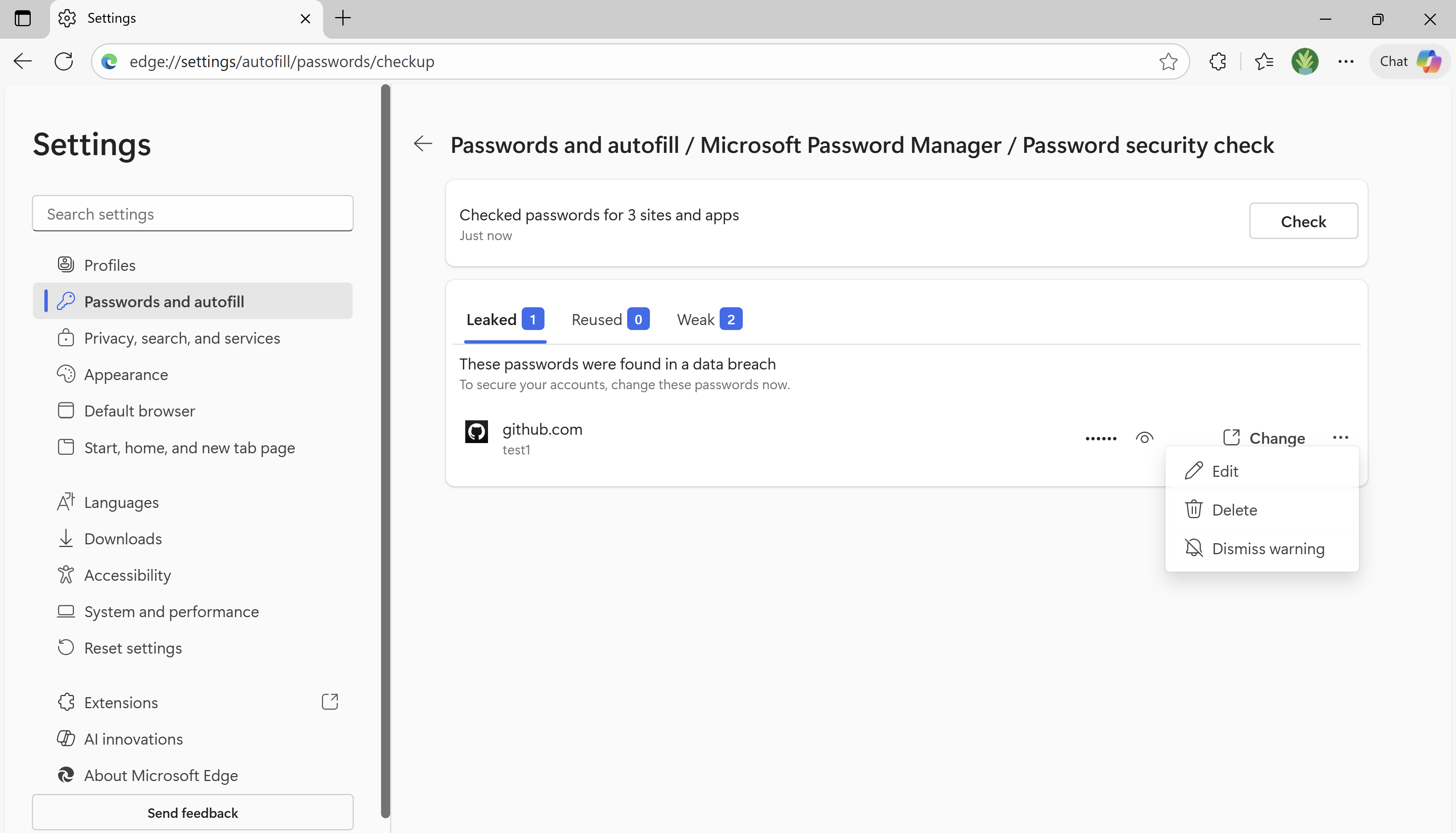 Microsoft Password Manager password security check showing a leaked password and the Dismiss warning menu
