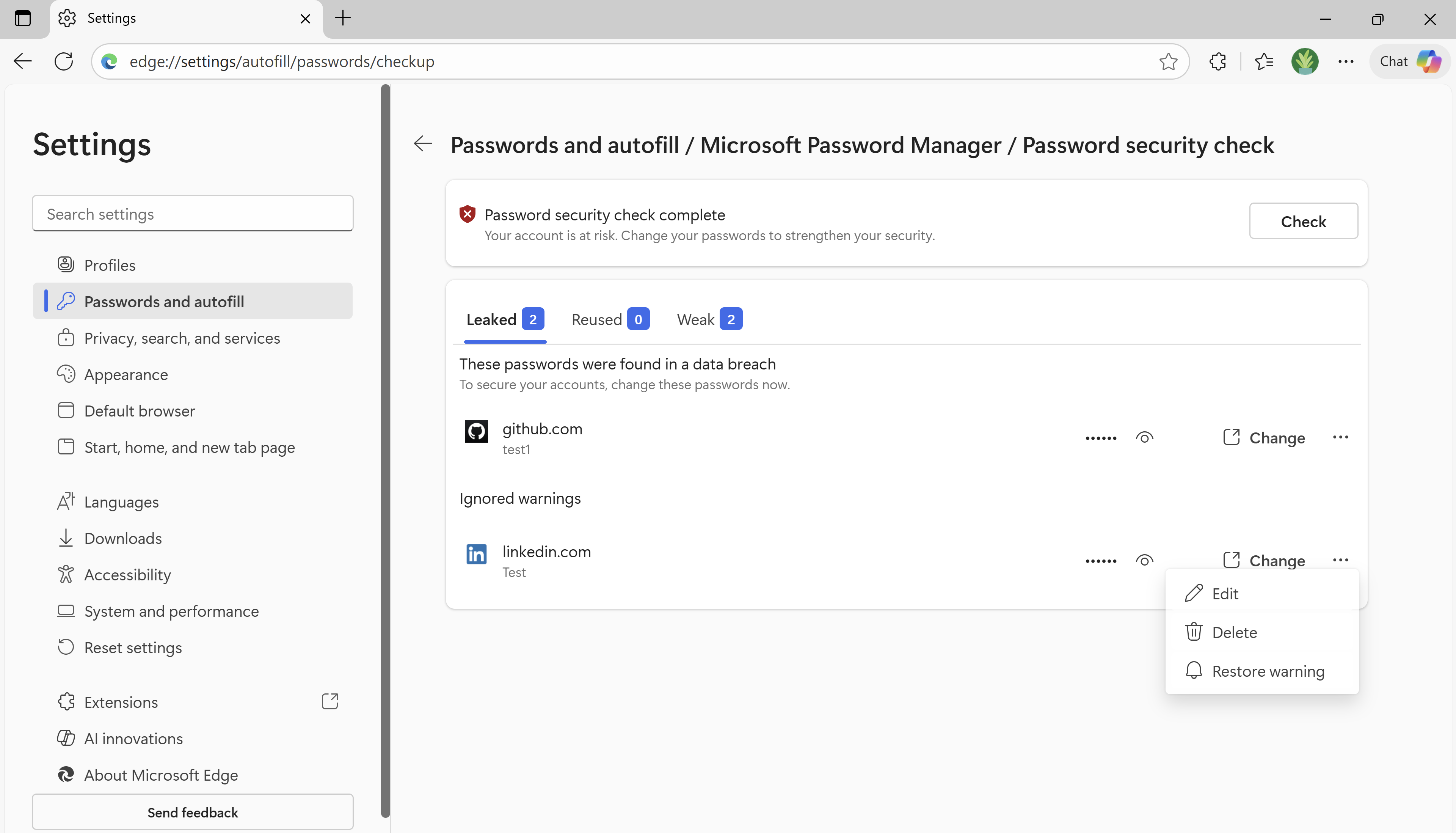 Microsoft Password Manager showing an ignored password and the Restore warning menu option