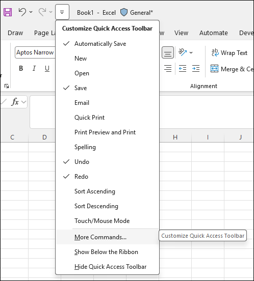 Screenshot that shows Customize Quick Access Toolbar by selecting More Commands.