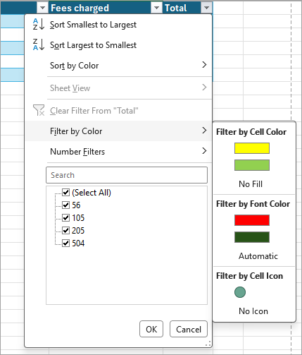 Screenshot that shows an example of filtering by cell color.