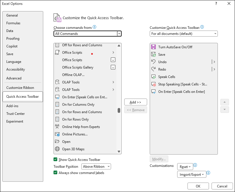 Screenshot that shows Speak Cells and Stop Speaking commands.