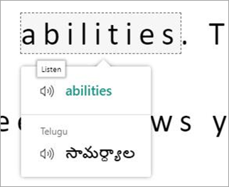 Immersive Reader translation menu showing the word abilities in Telugu.