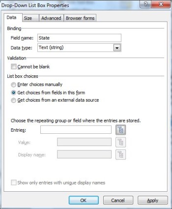 Drop-Down List Box Properties with Get choices from fields in this form selected