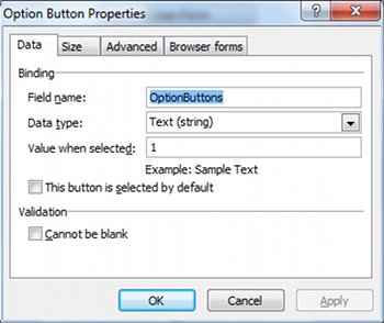 Option Button Properties with the selected value set to 1